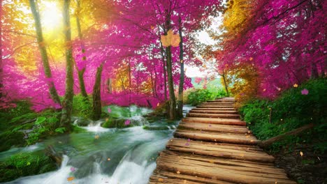 vídeo de cinemagraph de bucle sin costuras del sendero de madera de otoño en el lago de plitvice, croacia