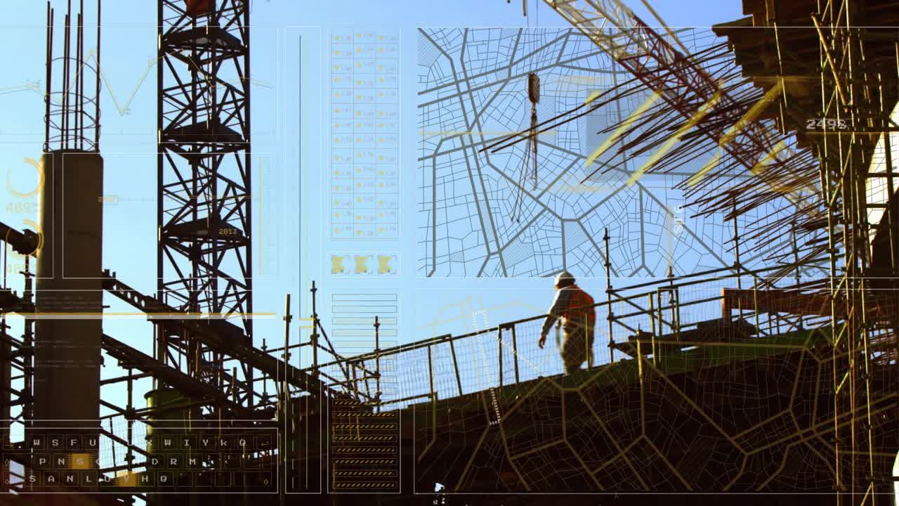 Vertical video: Construction crew reacting to plan overlay and handling rebar on deck for alignment