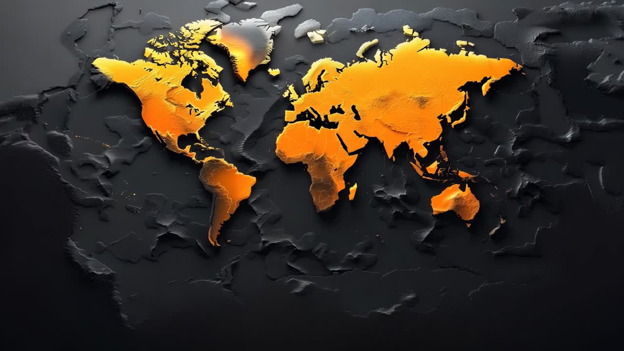 A black and orange world map with a lot of detail. The map is very detailed and has a lot of color