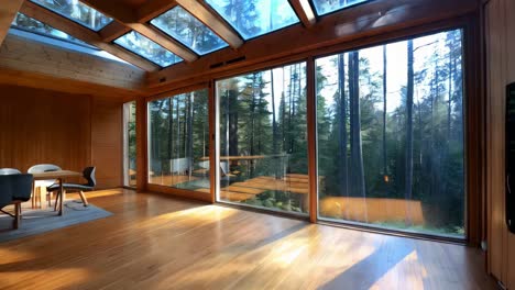 cabaña de madera moderna con vistas al bosque