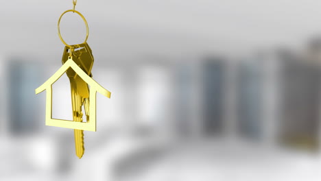 golden house key animation over blurred background of modern interior