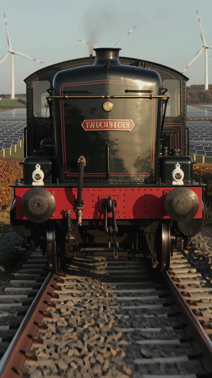 Video vertical: Tren de vapor emitiendo humo, avanzando hacia la lente sobre la vía, con paneles solares