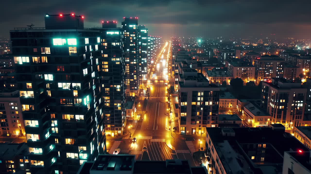 야간 도시 스카이 라인 공중 풍경