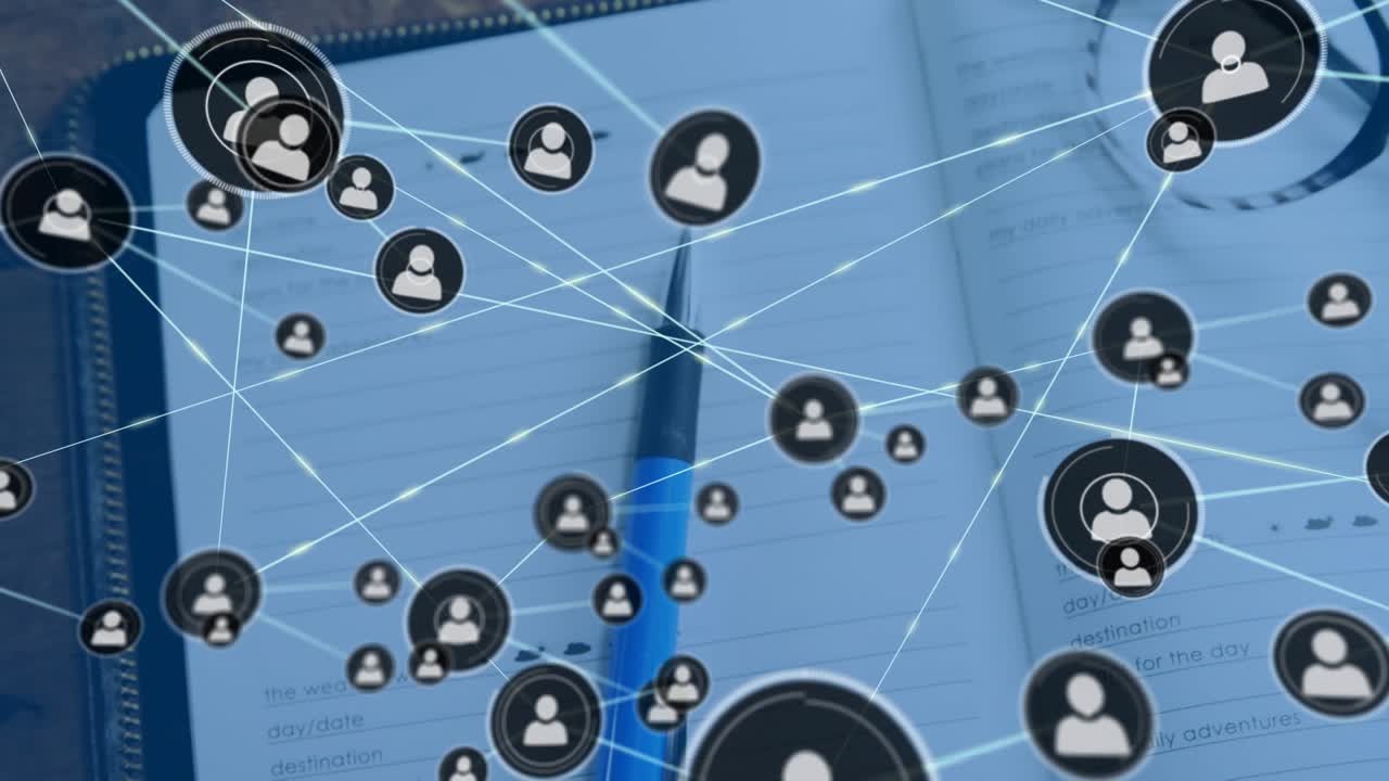Animación de red de conexiones con iconos sobre gafas y un cuaderno