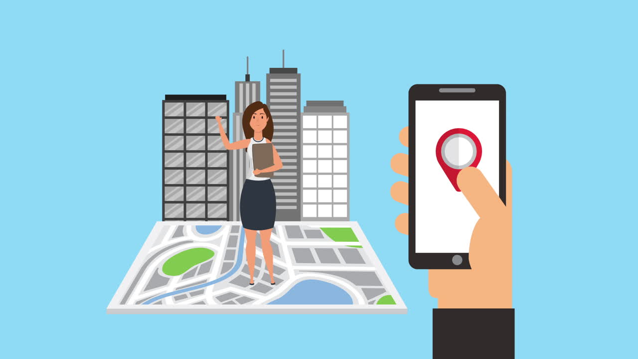 mano y teléfono inteligente con aplicación de tecnología gps