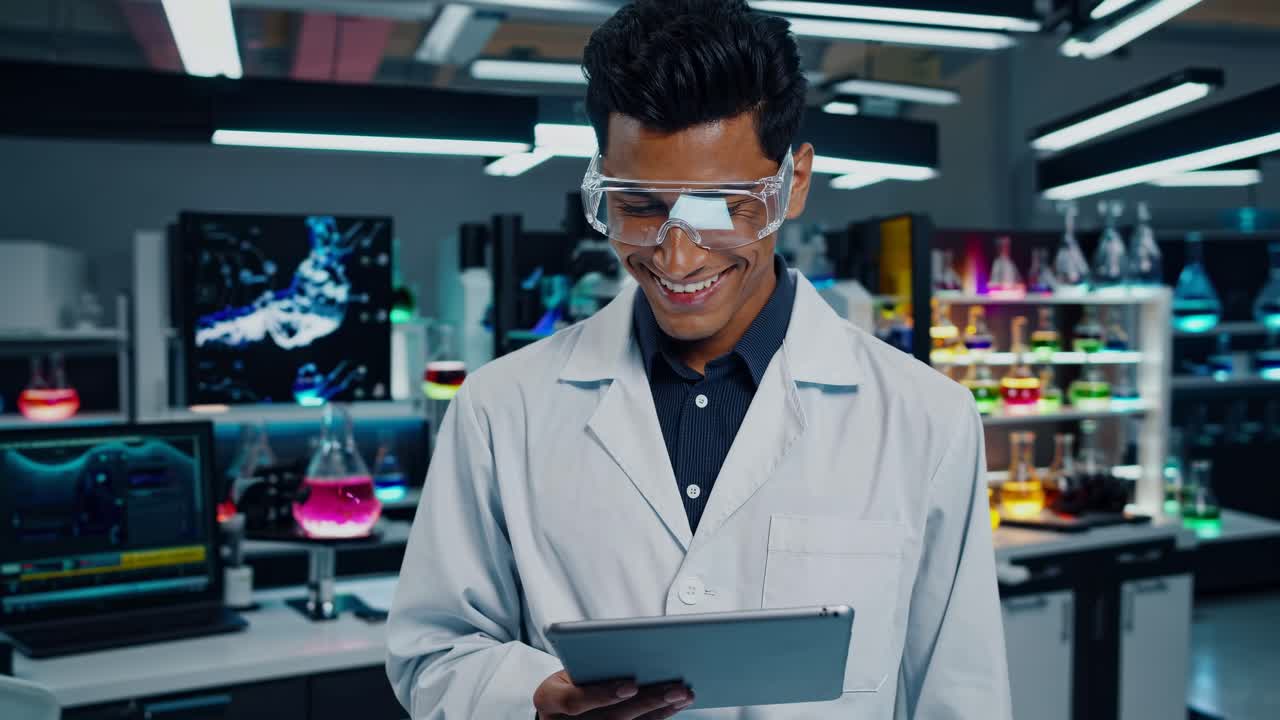 Scientist in a lab coat examines a tablet amidst colorful beakers