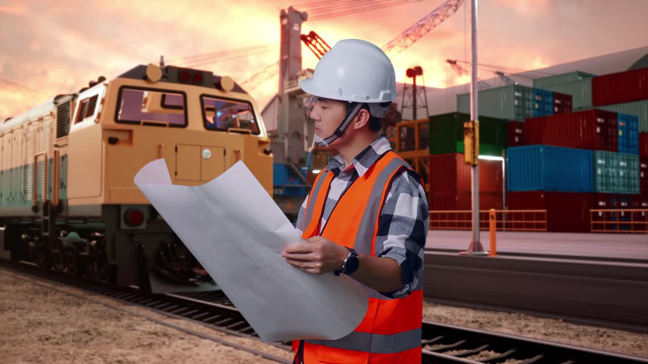 Engineer reviewing plans at a railway port