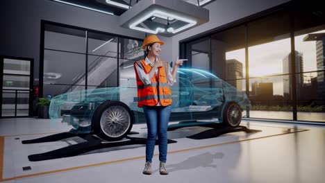 ingeniera presentando el diseño virtual de automóviles en un taller moderno