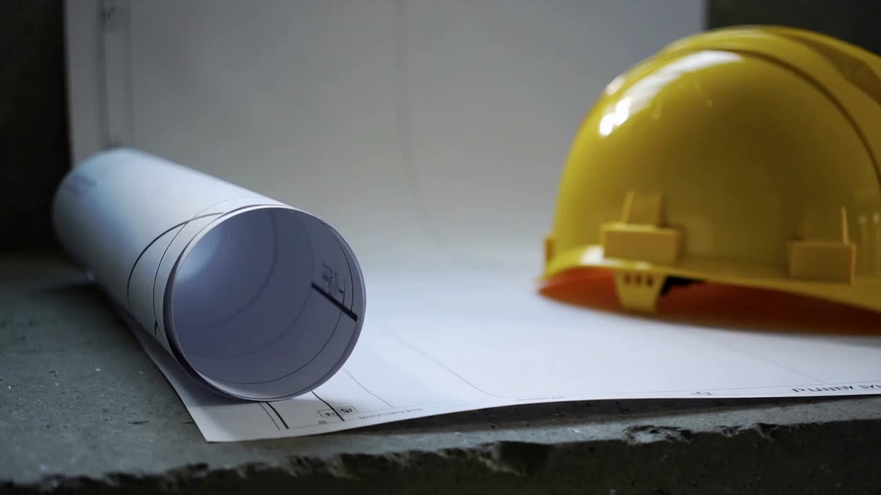 Rotating rolled plan forward on site ledge after frame shift, showing roll end with yellow helmet