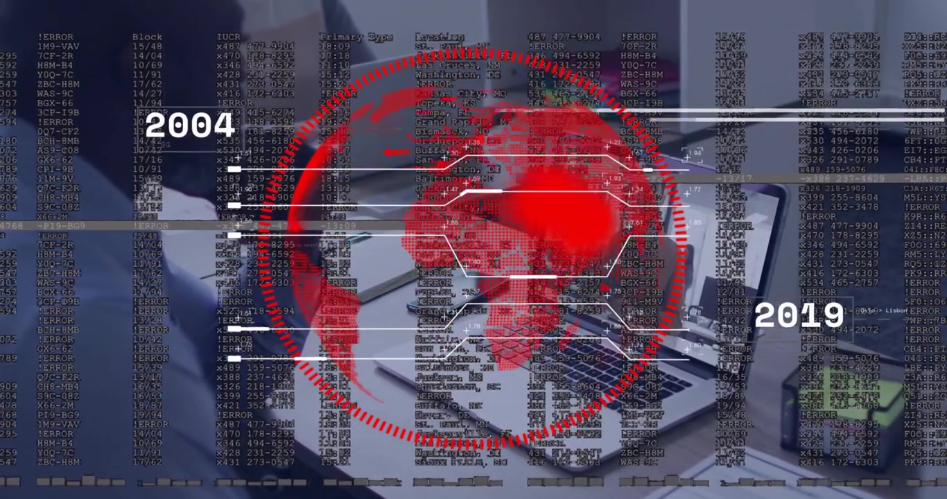 Seated man joining remote call with colleague, watching red globe timeline analyzing business data
