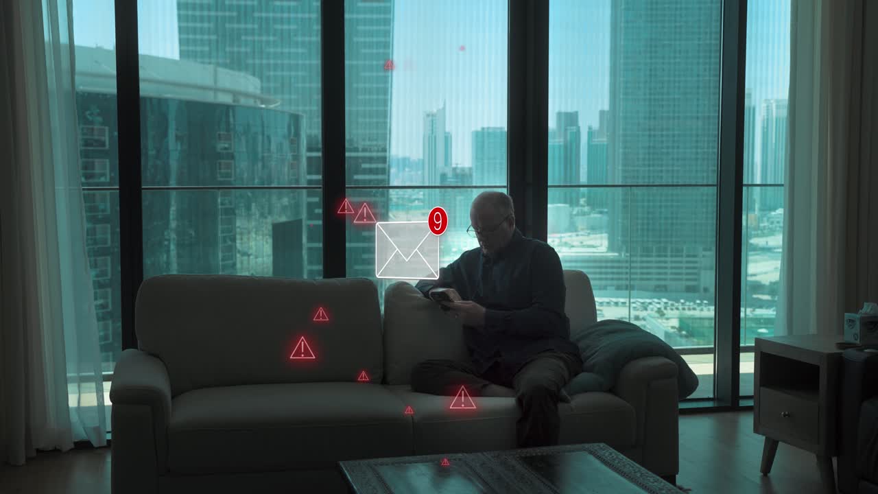 Senior man receives warning on his smartphone that emails being received be phishing, malware, or a virus - 3d animation