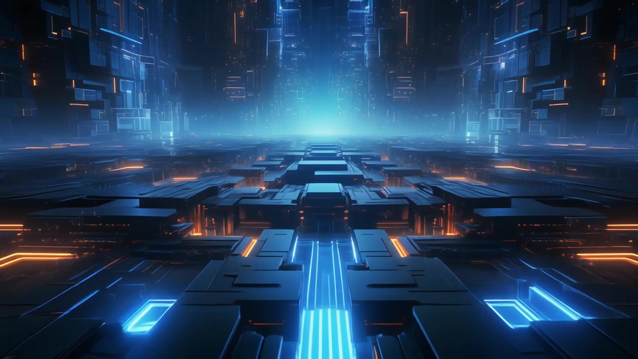 Futuristic Digital Corridor with Glowing Neon Lights and Geometric Structures