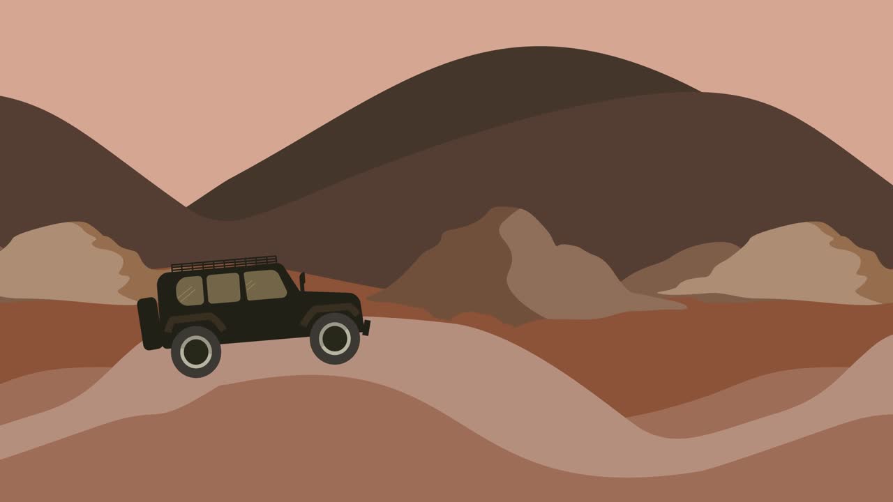 산을 배경으로 휘어지는 도로를 따라 달리는 애니메이션 suv. 2d 애니메이션. 움직이는 언덕 배경. 만화 자동차. 루프 영상 4k.