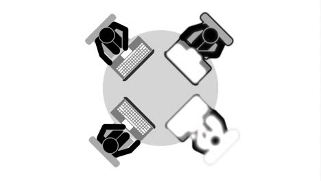 reunión del equipo alrededor de una mesa con computadoras portátiles