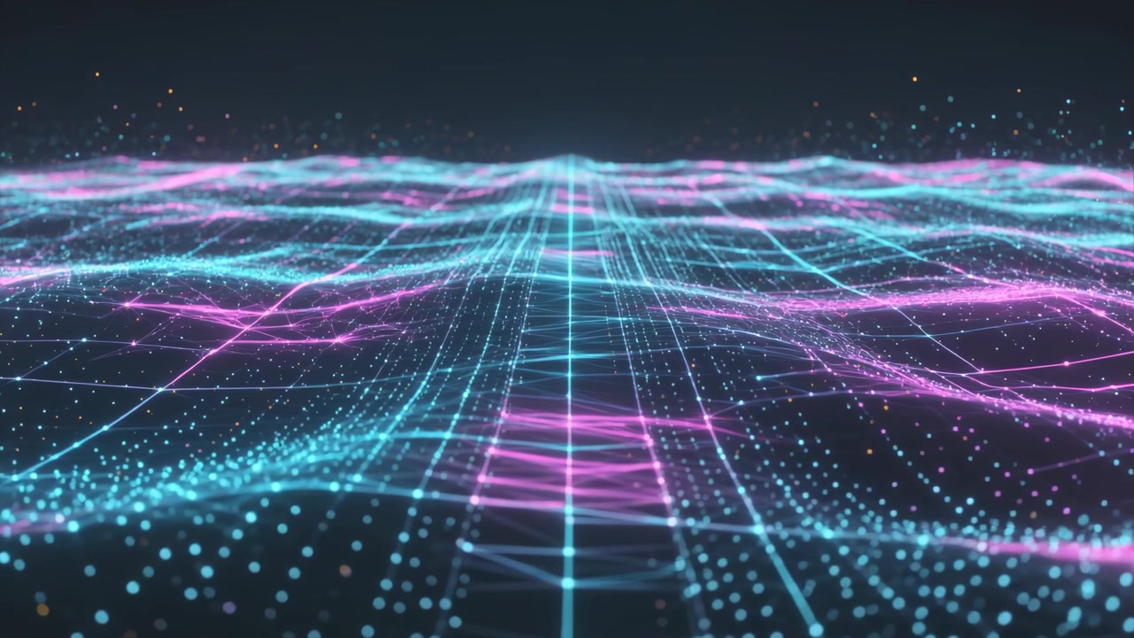 Pulsing central ridge sending ripples across cyan grid at horizon, with magenta ribbons and dots