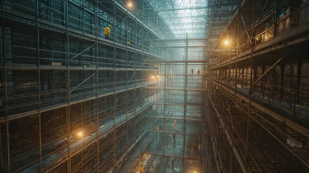 Tracking camera moving forward through glass-roof atrium revealing scaffolding, workers inspecting