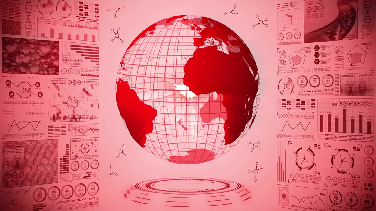 감염의 전염병: 감염의 은 점과 함께 글로벌 지구; 디지털 데이터 그래프의 의료 홀로그램 요소; 감염 통제; 치료 바이러스; 루프 애니메이션.