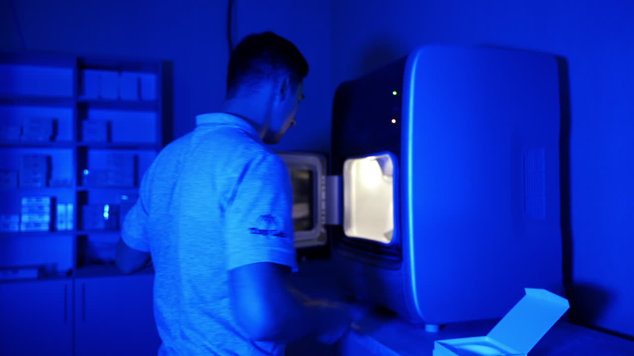 Manufacture of dentures at dental lab. Making of artificial teeth by dental technician in the clinic