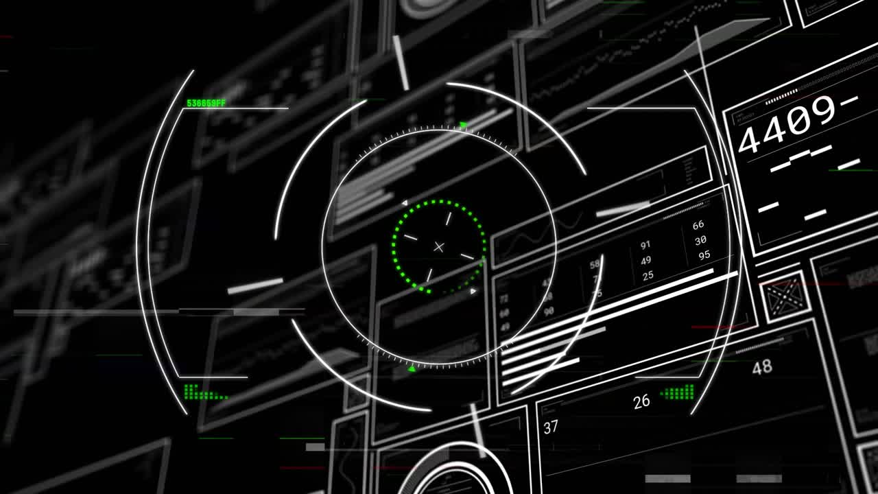 Futuristic circular HUD reticle rotating in 3D interface, showing data panels and green highlights