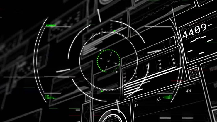 Futuristic circular HUD reticle rotating in 3D interface, showing data panels and green highlights