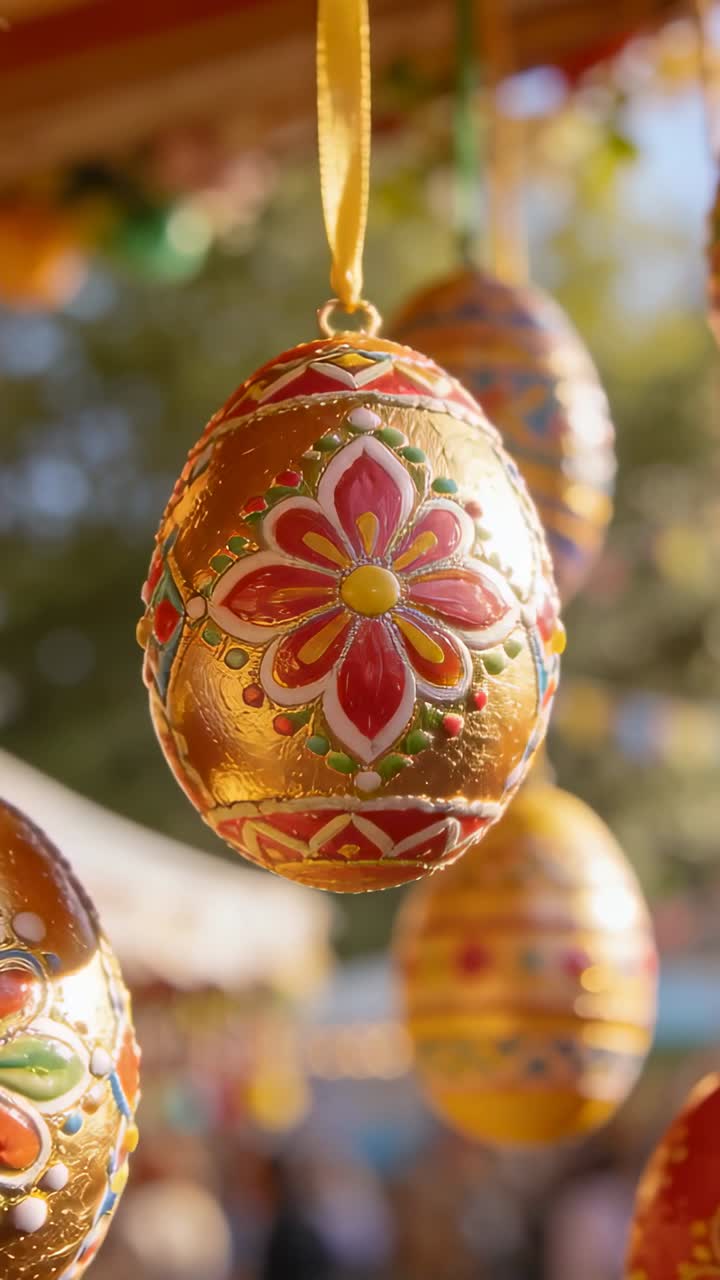 Vertical video: Zooming camera drawing ornate painted egg closer at outdoor market, showing texture