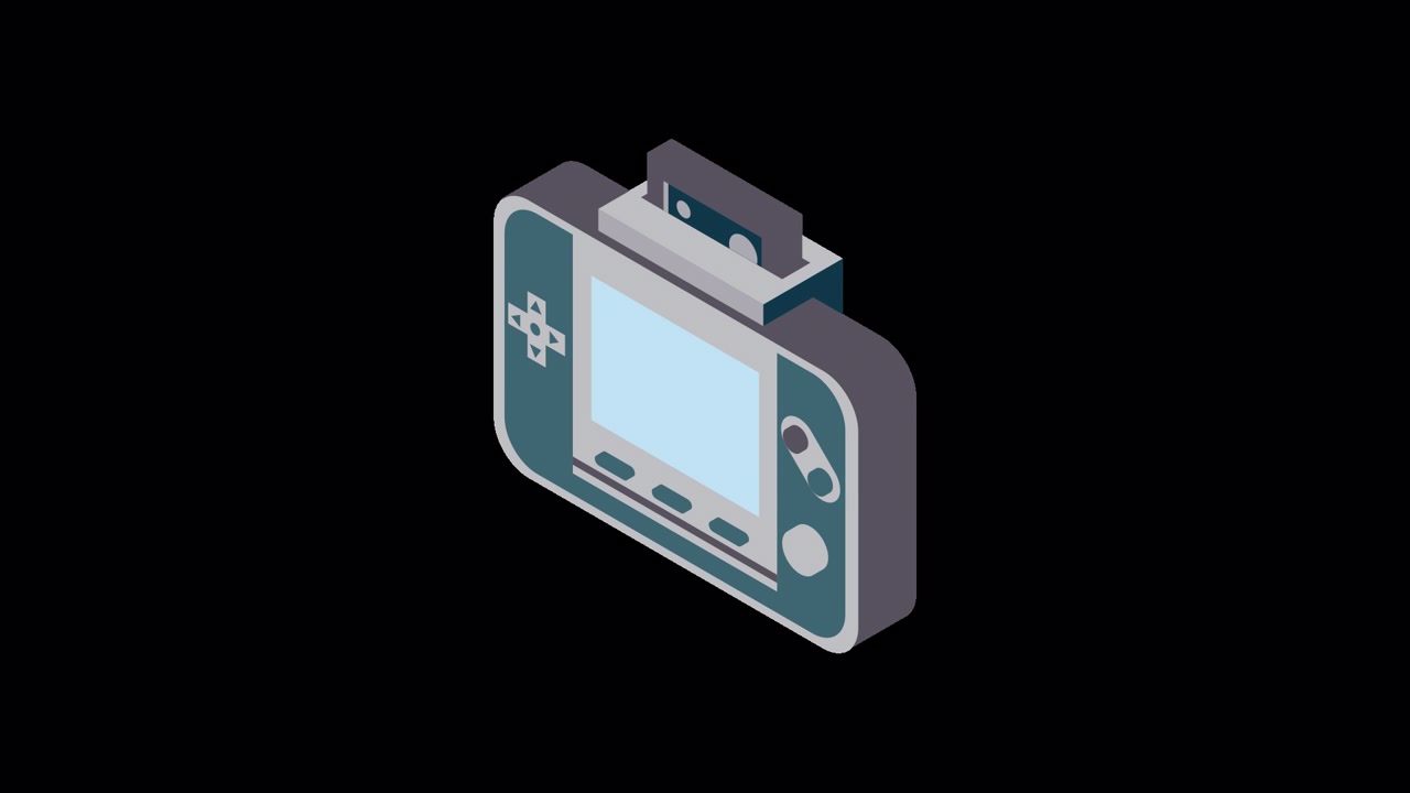 Console da gioco portatile isometrica animata con inserimento di cartuccia