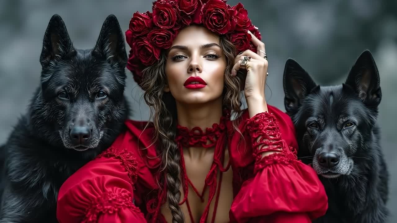 A woman in a red dress with two black dogs