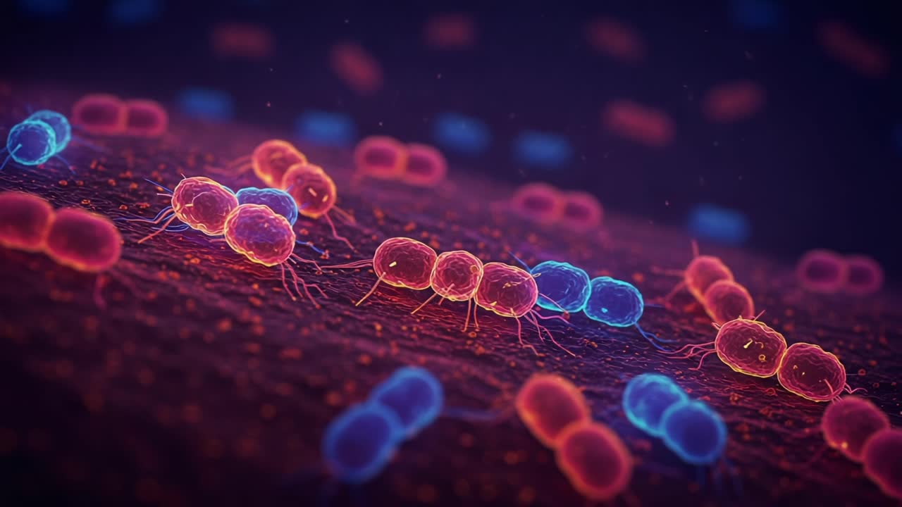 Intricate Visualization of Bacterial Life in High Definition, Showcasing Colorful Microbial Structures and Interactions in a Microscopic World