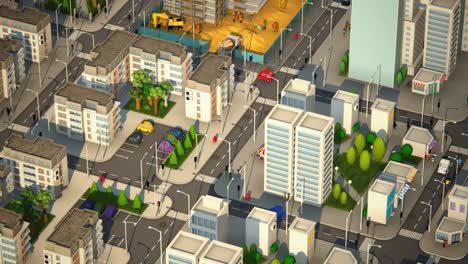 Low-poly-3d-animation-of-the-city-life.-Urban-aerial-view-of-the-city-block-with-skyscrapers,-offices,-shops-and-cars-driving-on-the-streets.-People-are-walking-on-the-crosswalks.