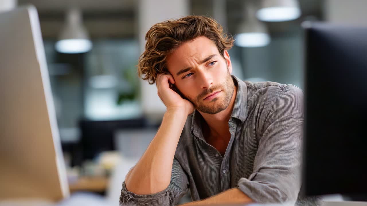 Pensive young man seated at a desk, resting chin on hand, gazing thoughtfully at computer screens in a modern office environment during work hours