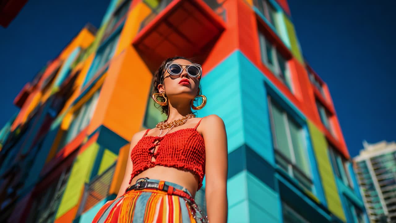 A Stylish Young Woman Poses Confidently Against a Vibrant and Colorful Urban Backdrop, Showcasing a Trendy Summer Outfit Featuring Bold Patterns and Accessories that Reflect Modern Fashion Aesthetics