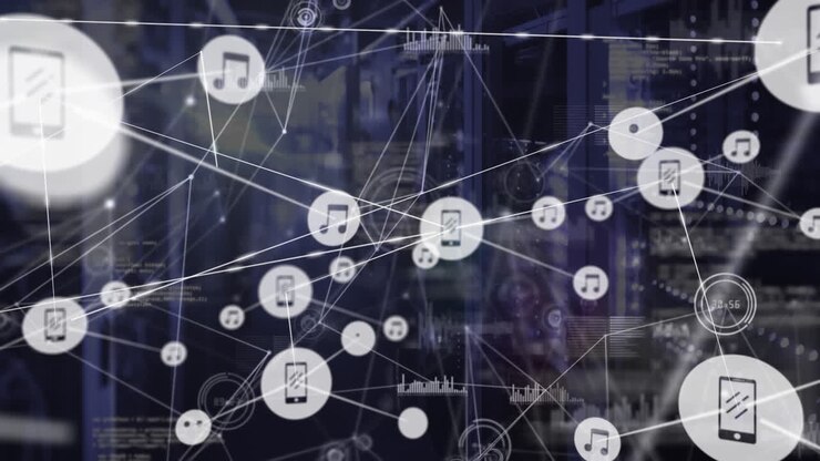 Animation of network of connections with icons over server room and data processing