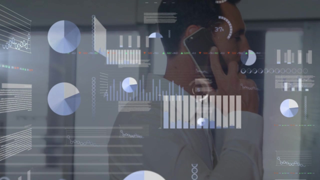 Vertical video: Man walking glass corridor tapping phone and sparking AR finance charts to decide