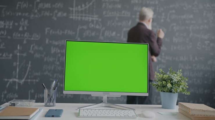 Lærer præsenterer på en computer med grøn skærm i et klasseværelse