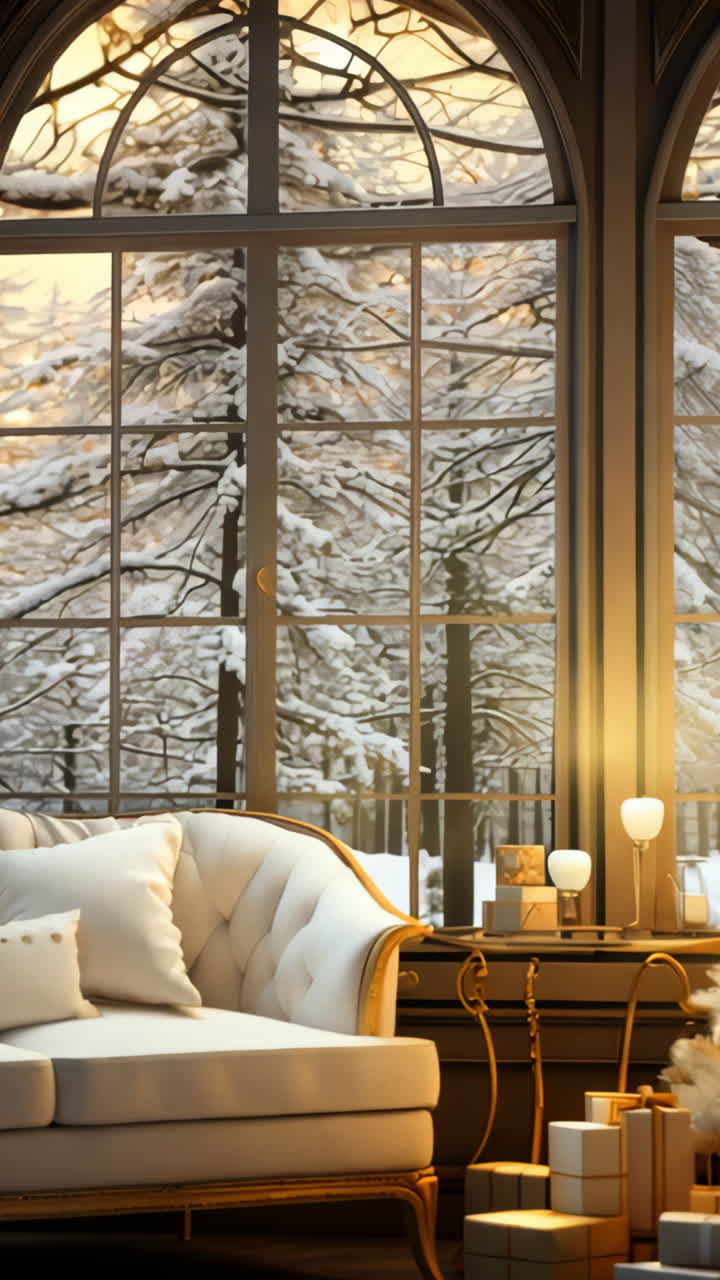 A white Christmas tree sits in front of a window with snow outside. A white couch is in the background