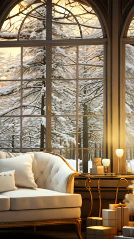 een witte kerstboom zit voor een raam met sneeuw buiten. een witte bank is op de achtergrond