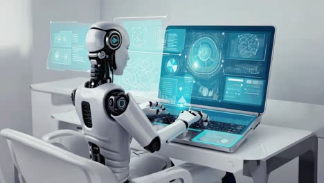 humanoid robot working on a laptop with advanced digital interfaces