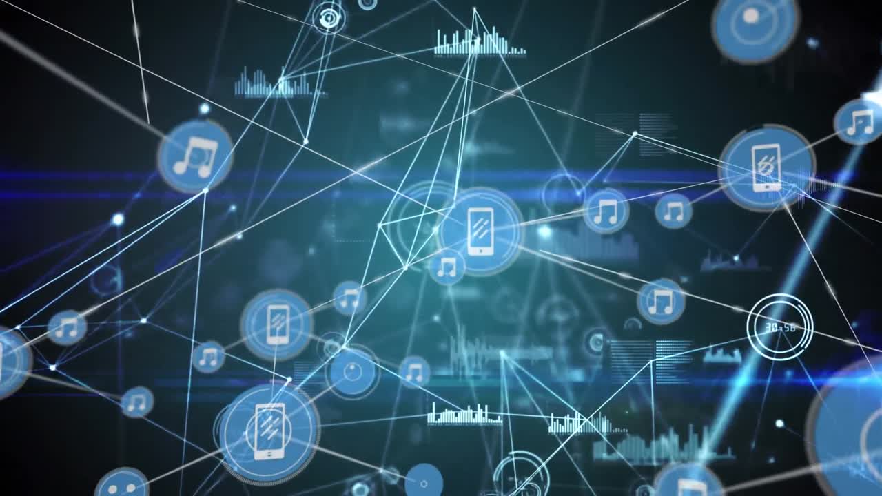 animación del procesamiento de datos con una red de conexiones y estadísticas.