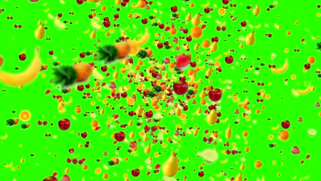 animación de frutas volando en vórtice en pantalla verde fondo de tecla de croma con desvanecimiento, bucle sin costuras