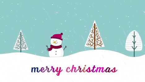 Animation-of-snow-falling-over-merry-christmas-text-banner-and-snowman-on-winter-landscape