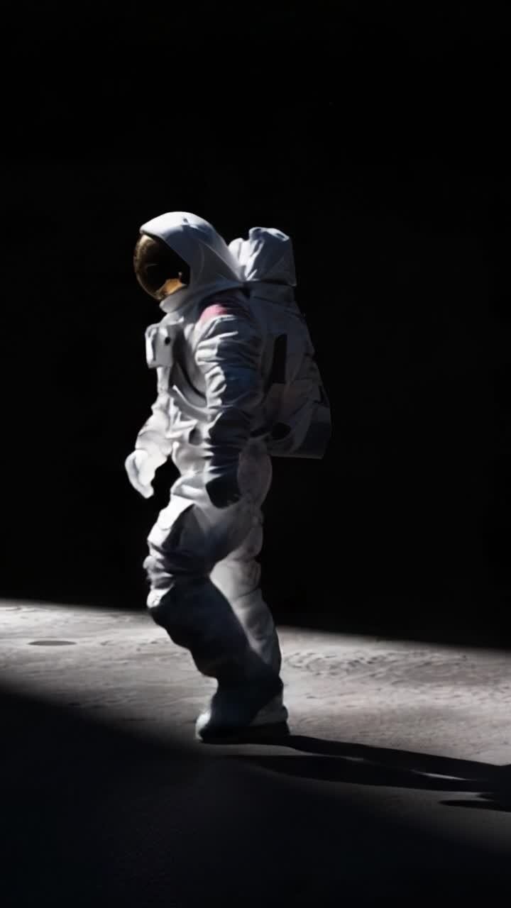 An astronaut in a white spacesuit walks through a dimly lit environment, showcasing the stark contrast between light and shadow in an extraterrestrial setting