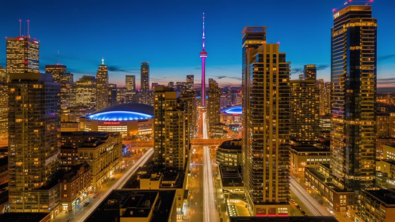 Stunning Cityscape Transformation: A Glimpse of Downtown as Day Transitions to Night, Illuminating the Skyline with Vibrant Lights and Urban Life