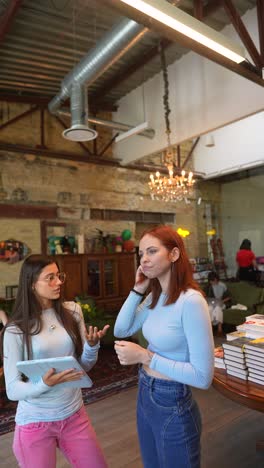 two women in conversation at a stylish cafe