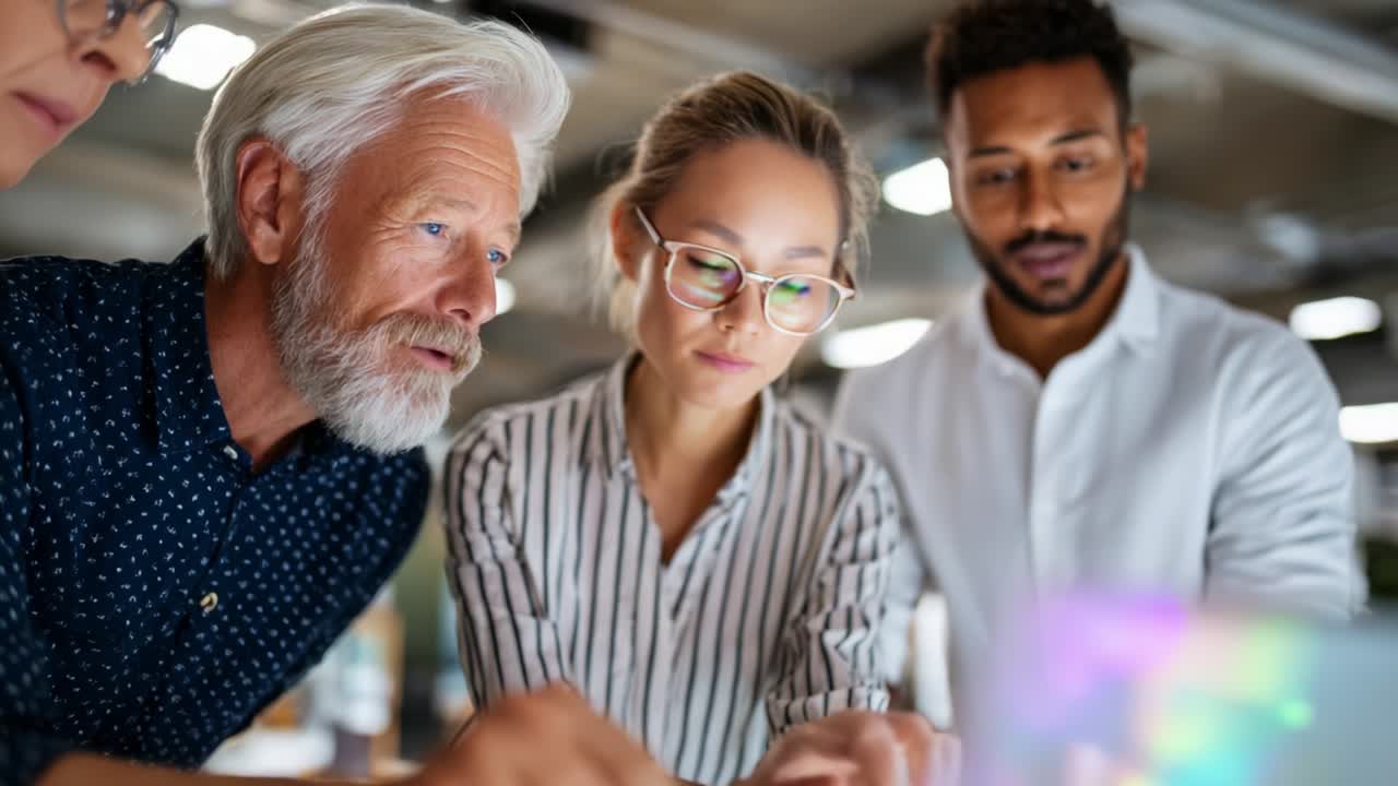 A diverse group of professionals collaboratively engaging in a focused discussion, analyzing digital data and visualizations, showcasing teamwork, innovation, and effective communication in a modern workspace environment