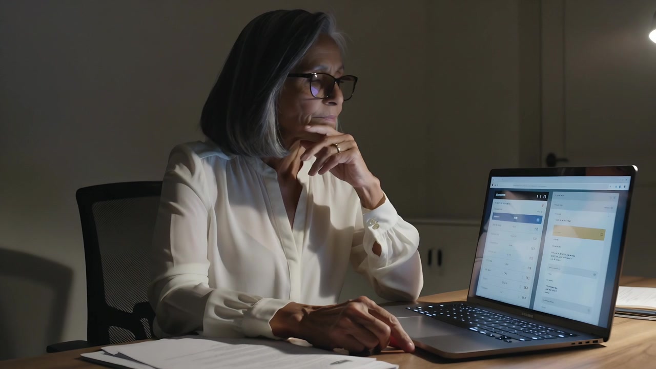 Sitting senior woman in blouse and glasses reading dual-pane laptop and docs at desk, updating data