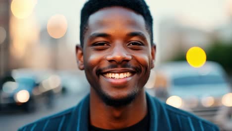 portrait of a smiling african american man in the city at night