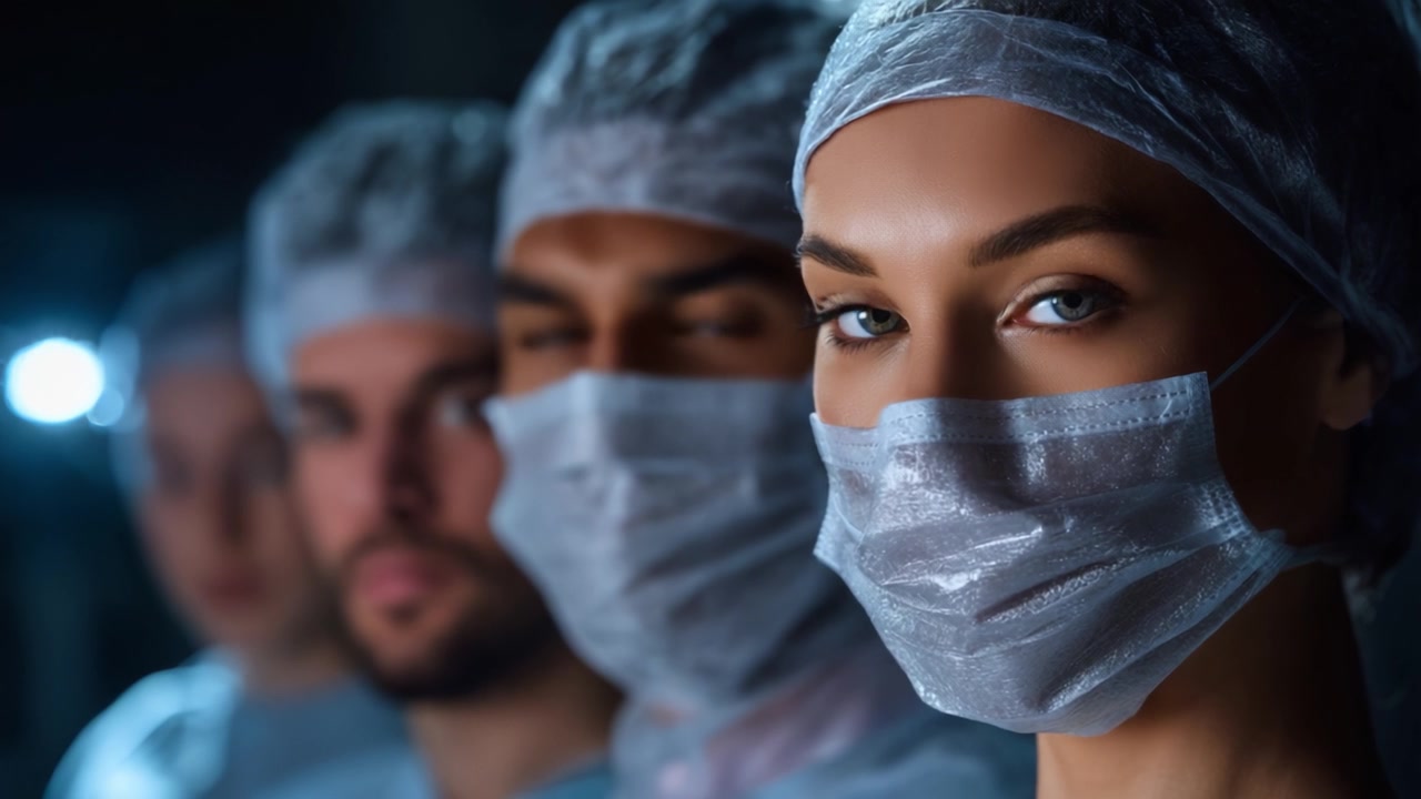 Gruppo di professionisti sanitari con mascherine chirurgiche e cuffie, che mostrano espressioni concentrate in un ambiente clinico, pronti per una procedura medica critica.