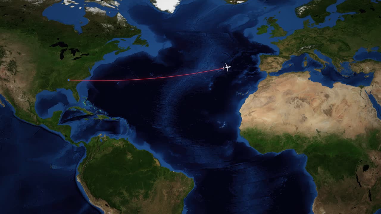 A digital world map tracks a plane flying from North America to Europe across oceans