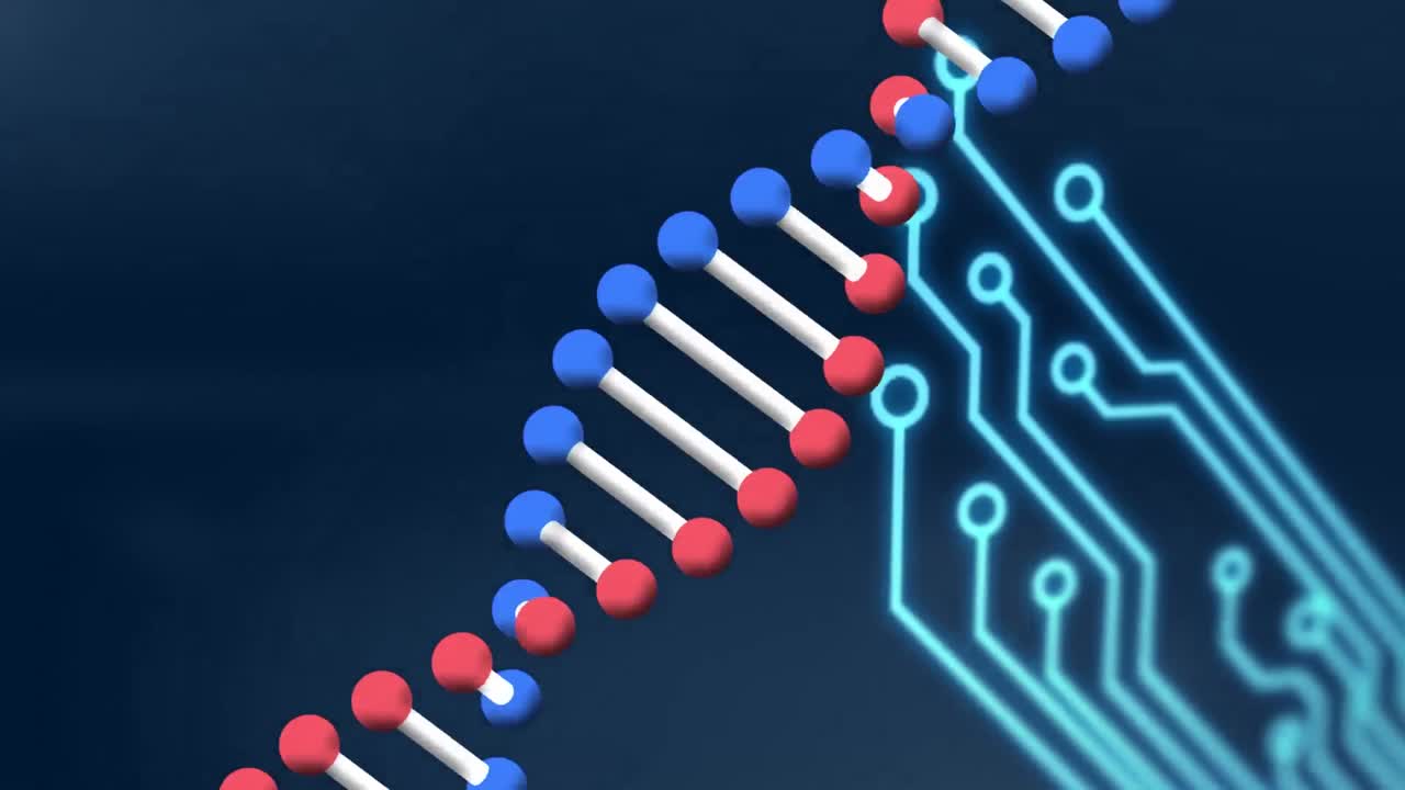 Animation of spinning dna strand over computer circuit board
