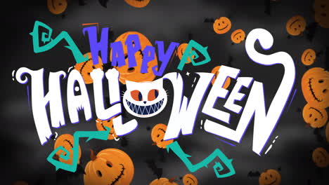 flying pumpkins and bats with happy halloween text animation